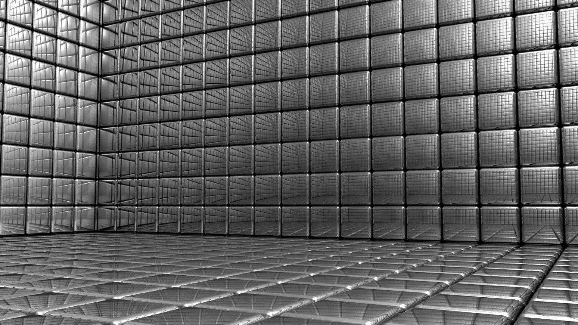 Abstract HD PC desktop wallpaper featuring a metallic, grid-like padded room with reflective, quilted surfaces creating depth and dimension.