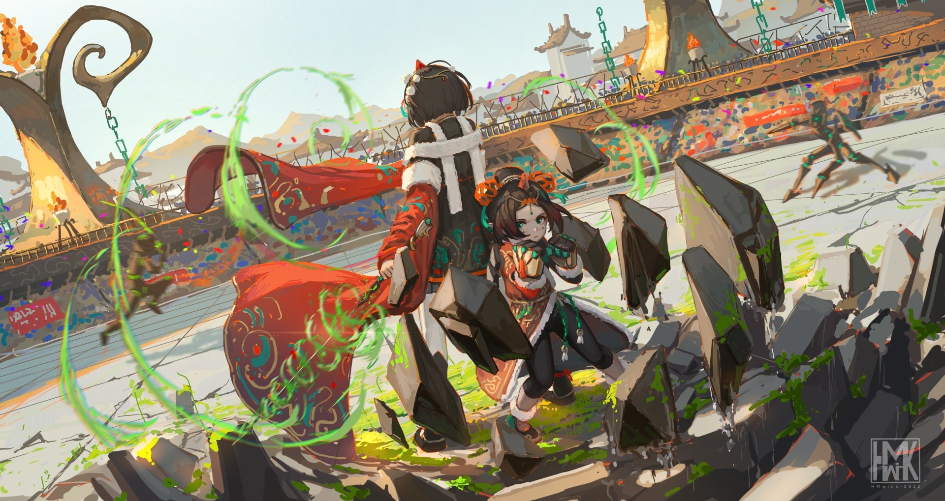 Anime girl in dynamic action pose with glowing green energy in a vivid, detailed 4K Ultra HD PC desktop wallpaper background.