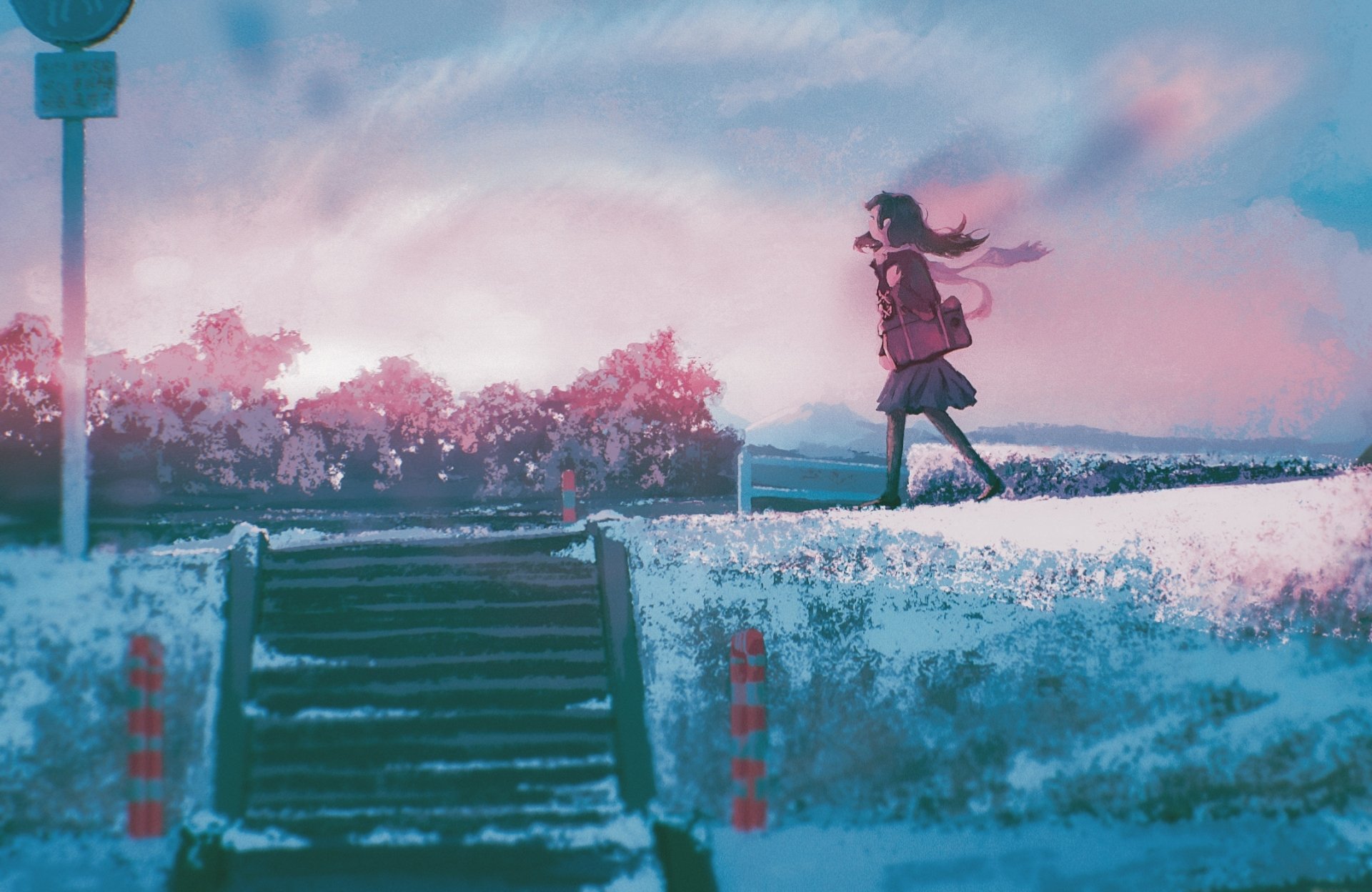 HD anime desktop wallpaper featuring a girl walking on a snowy path with a pastel sky and distant trees creating a serene, atmospheric background.