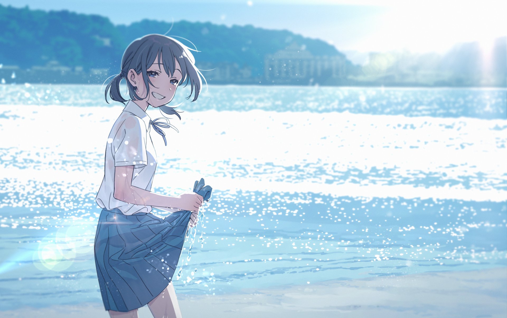 A serene anime girl standing by the shimmering sea under a bright sky, rendered in 4K Ultra HD for a vivid PC desktop wallpaper and background.