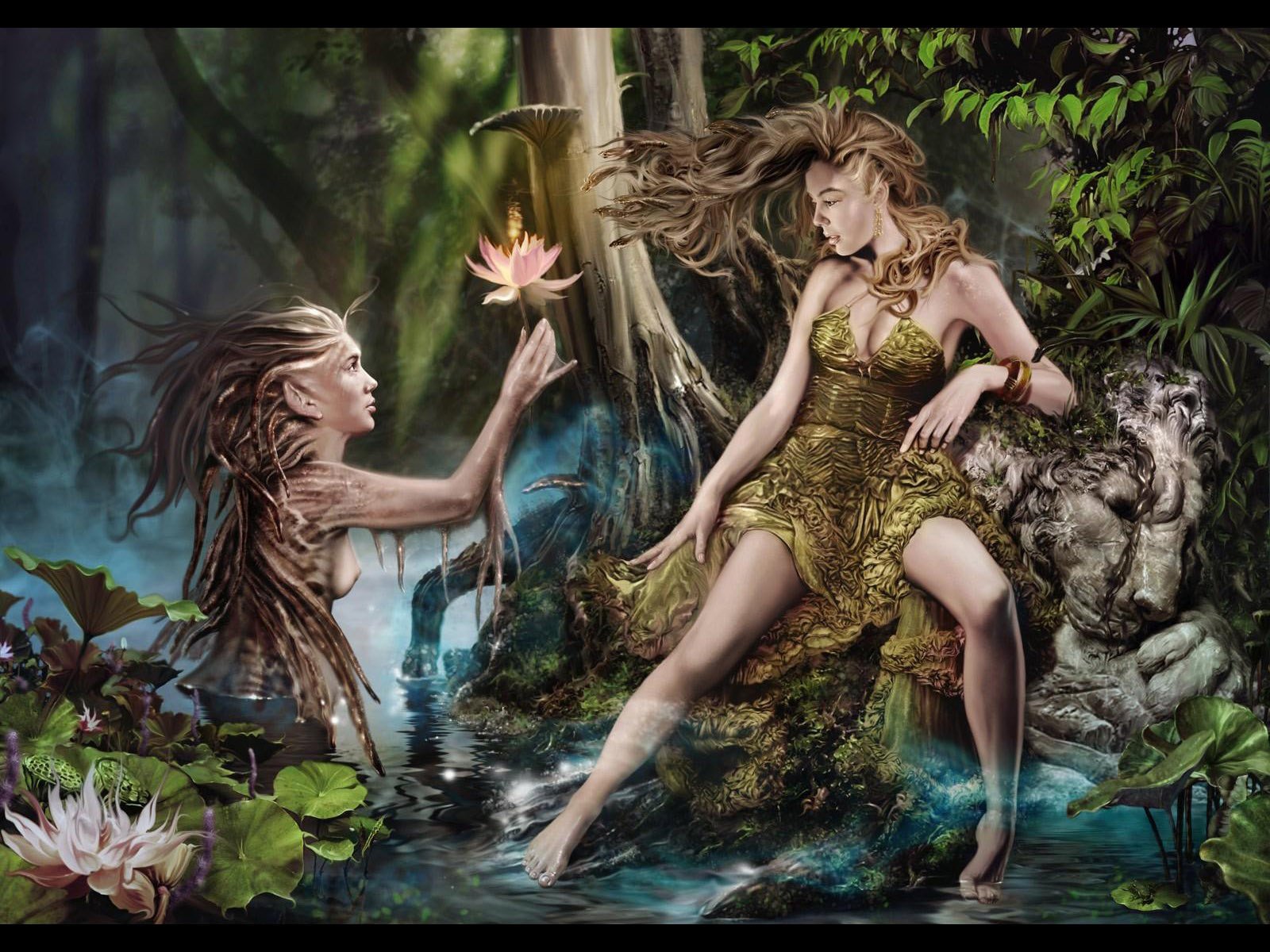 HD fantasy sylvan scene depicting two ethereal women in a lush forest stream, surrounded by vibrant foliage and glowing mystical elements, designed as a PC desktop wallpaper.