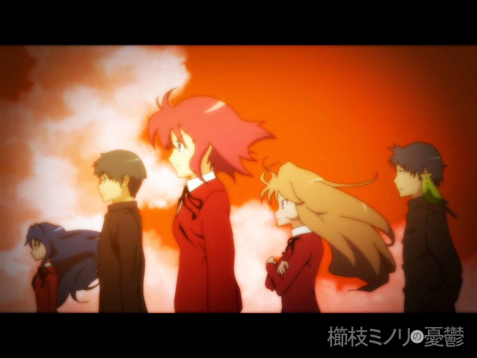 Toradora! HD wallpaper showing Ami Kawashima, Yusaku Kitamura, Taiga Aisaka, Ryuuji Takasu, and Minori Kushieda walking in profile against a vivid, fiery orange sky.