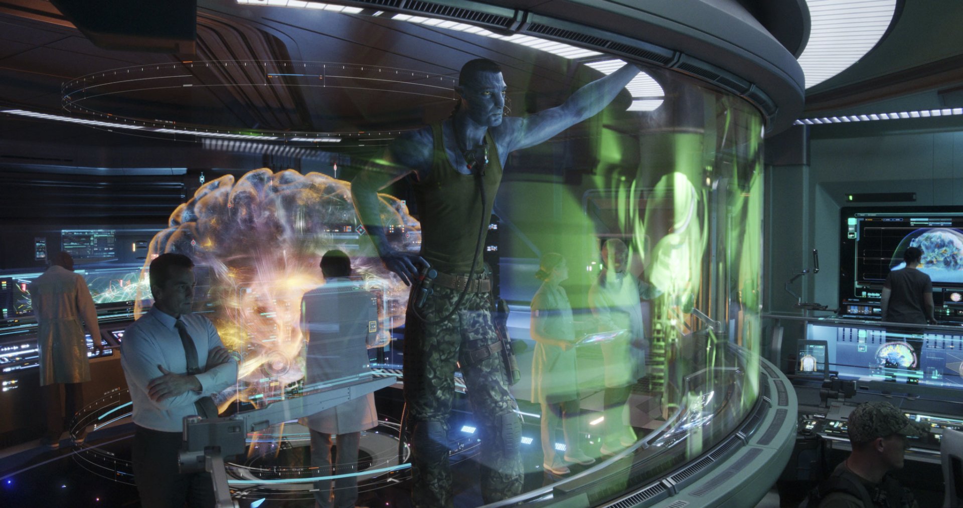 HD wallpaper featuring a scene from Avatar: The Way of Water with characters in a futuristic control room.