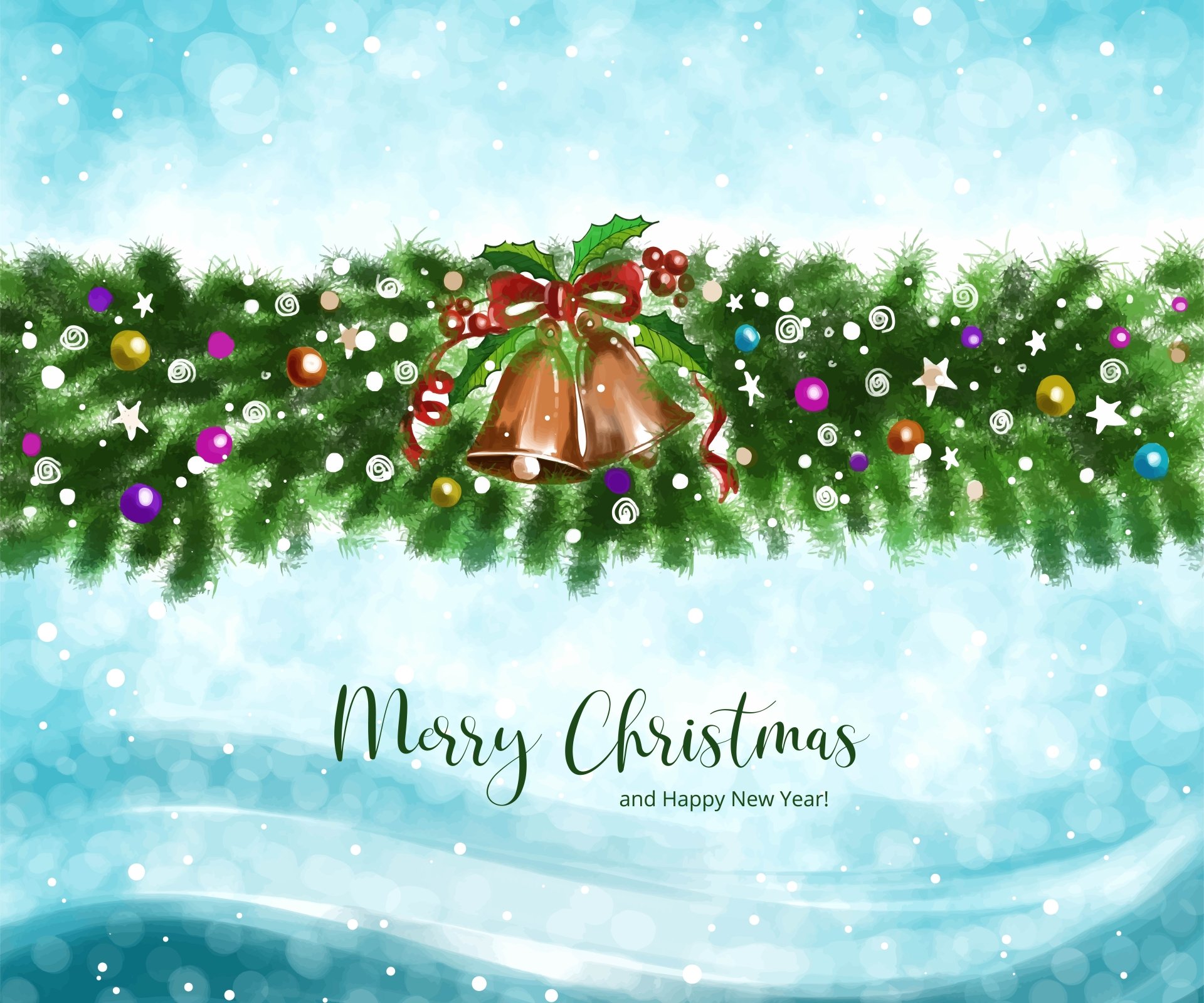 8K Ultra HD Christmas holiday wallpaper featuring festive bells, colorful ornaments, and greenery with a snowy background and Merry Christmas and Happy New Year text.