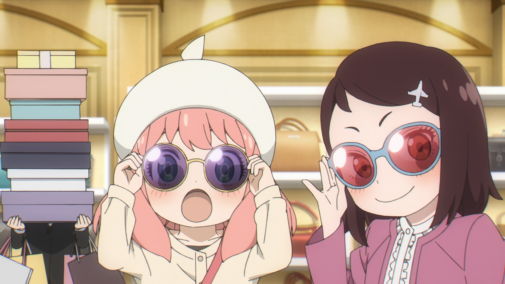 HD PC desktop wallpaper featuring Anya Forger from the anime Spy x Family, wearing stylish sunglasses in a bright indoor setting.