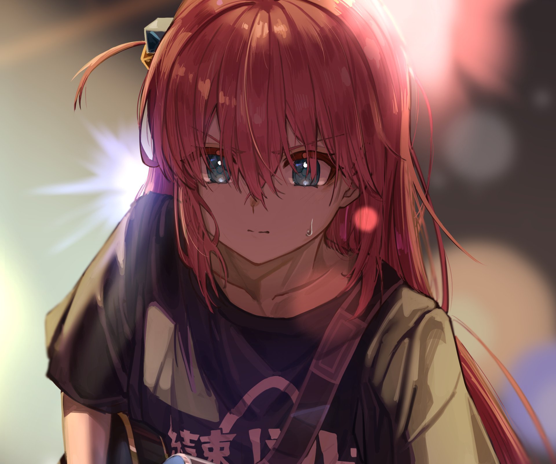 HD anime wallpaper of Hitori Gotou from Bocchi the Rock!, featuring a close-up of her with red hair and expressive blue eyes against a softly blurred background.