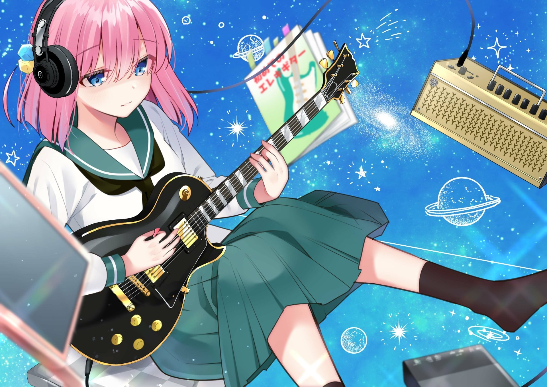 4K Ultra HD anime wallpaper featuring Hitori Gotou from Bocchi the Rock! playing guitar against a vibrant, starry blue background with floating musical elements.