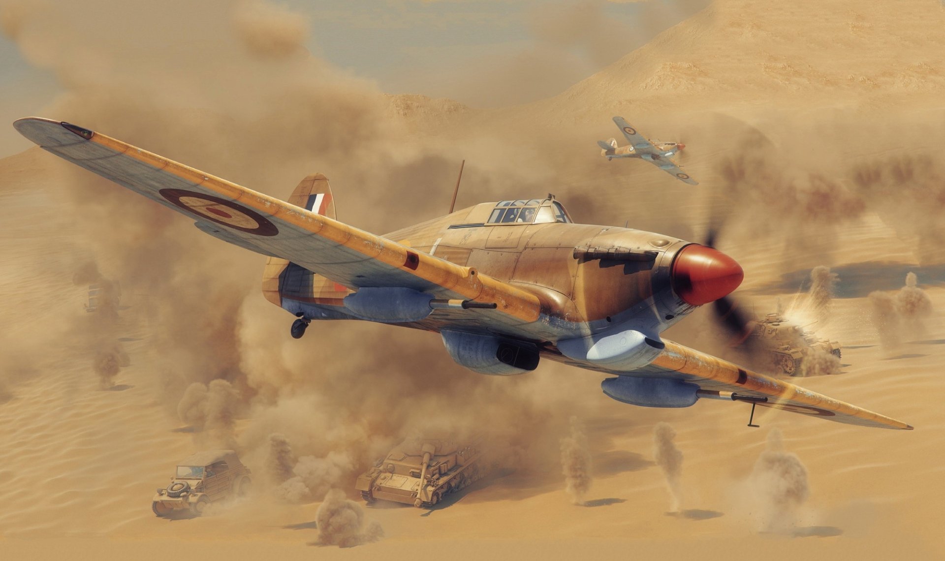 HD desktop wallpaper of a military Hawker Hurricane fighter plane flying low over a dusty battlefield with armored vehicles below and another plane in the background.