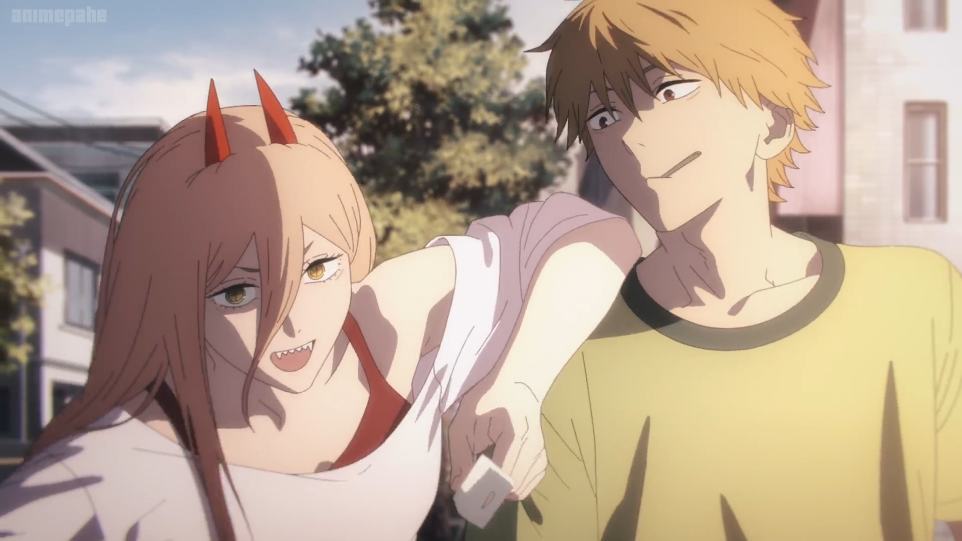 HD PC desktop wallpaper/background: Denji and Power from the anime Chainsaw Man walk down a sunlit street, Power grinning with her arm slung over Denji’s shoulder.