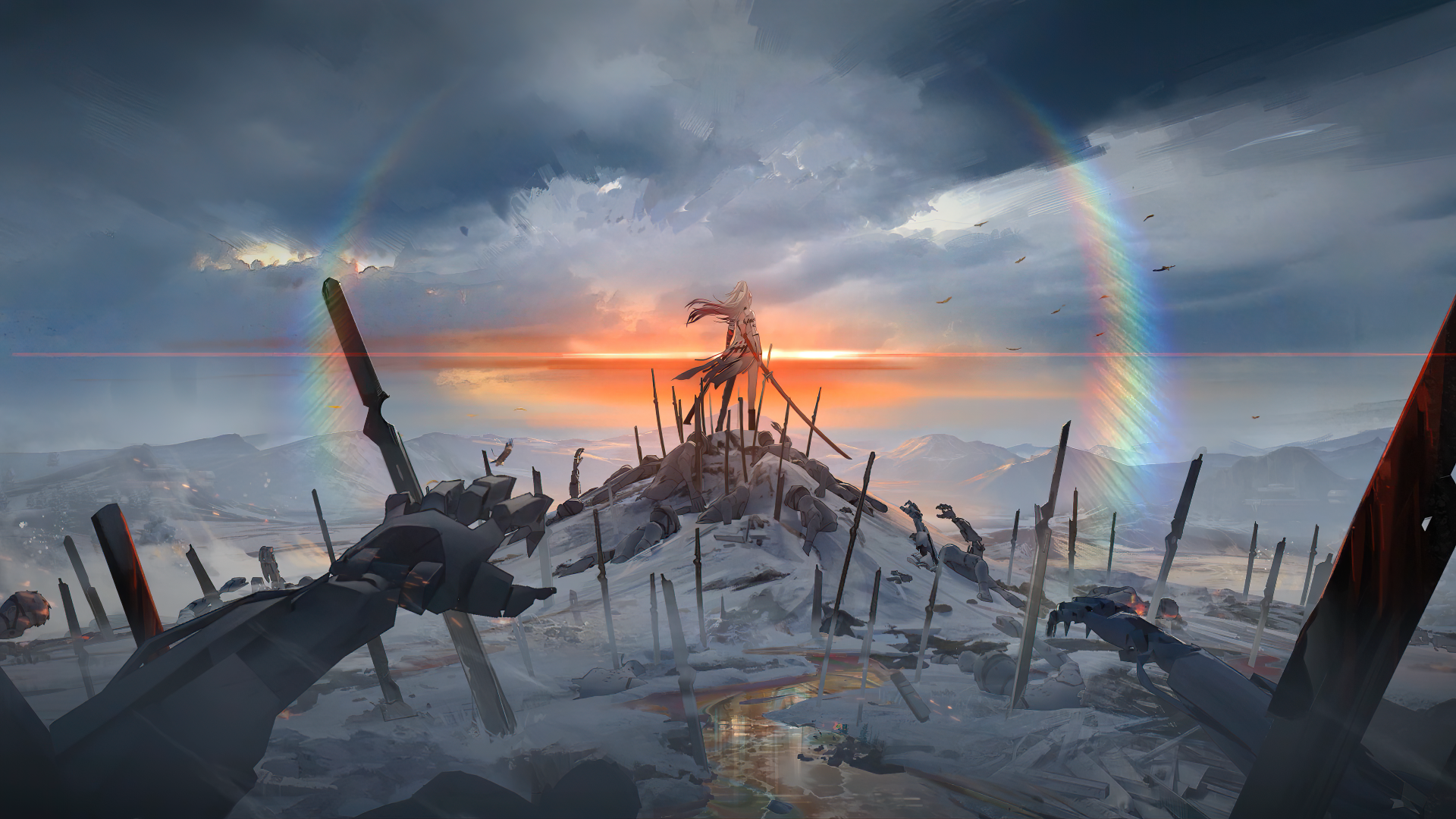 4K Ultra HD PC wallpaper featuring a dramatic Punishing: Gray Raven scene with a lone character on a sword-studded hill under stormy skies and a vibrant rainbow.