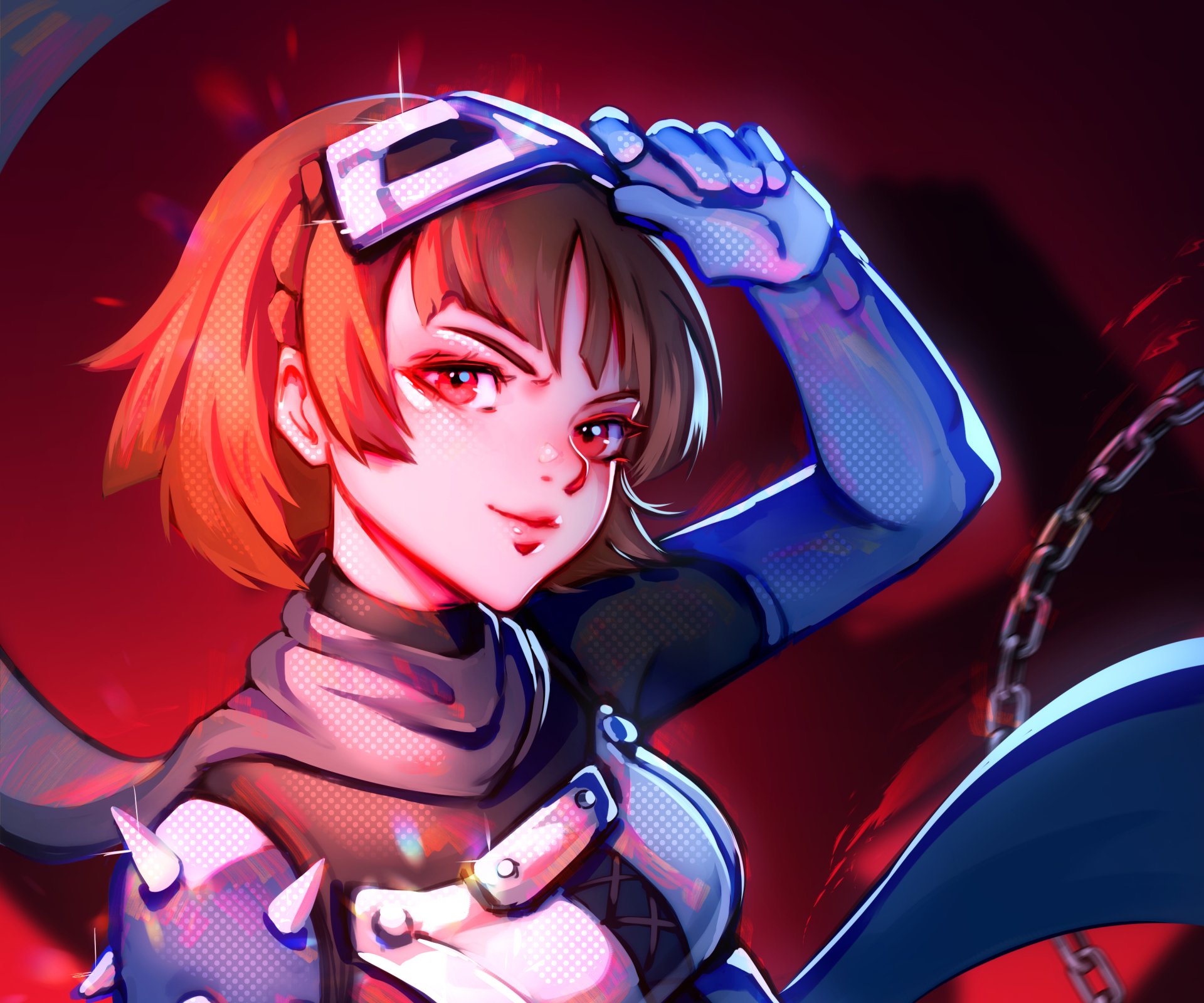 Persona 5 video game 2K Quad HD PC desktop wallpaper: close-up of a confident short-haired female character with goggles, glove and chains, bathed in red lighting.