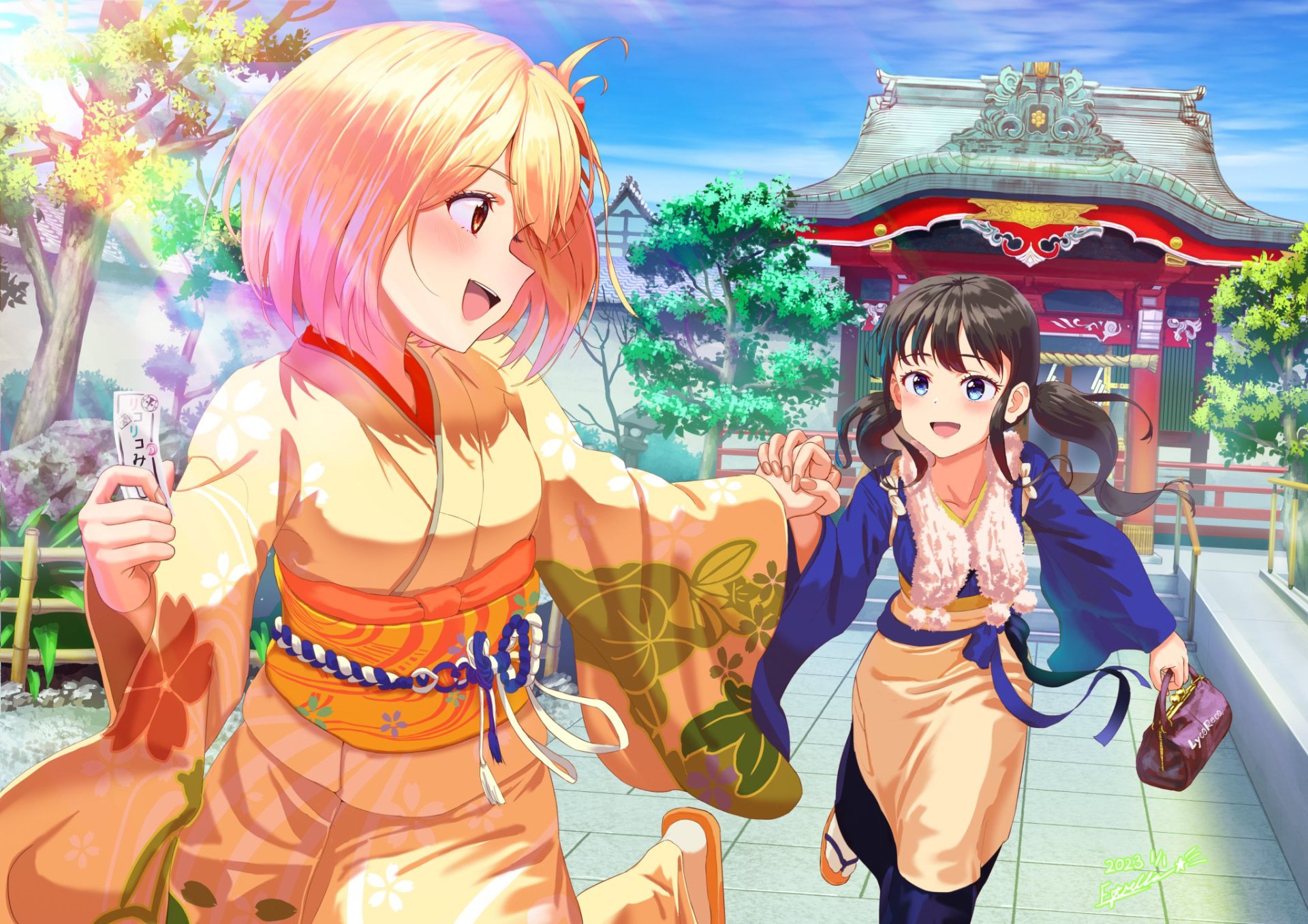 HD anime desktop wallpaper featuring Takina Inoue and Chisato Nishikigi from Lycoris Recoil, dressed in traditional attire against a vibrant, colorful temple backdrop.