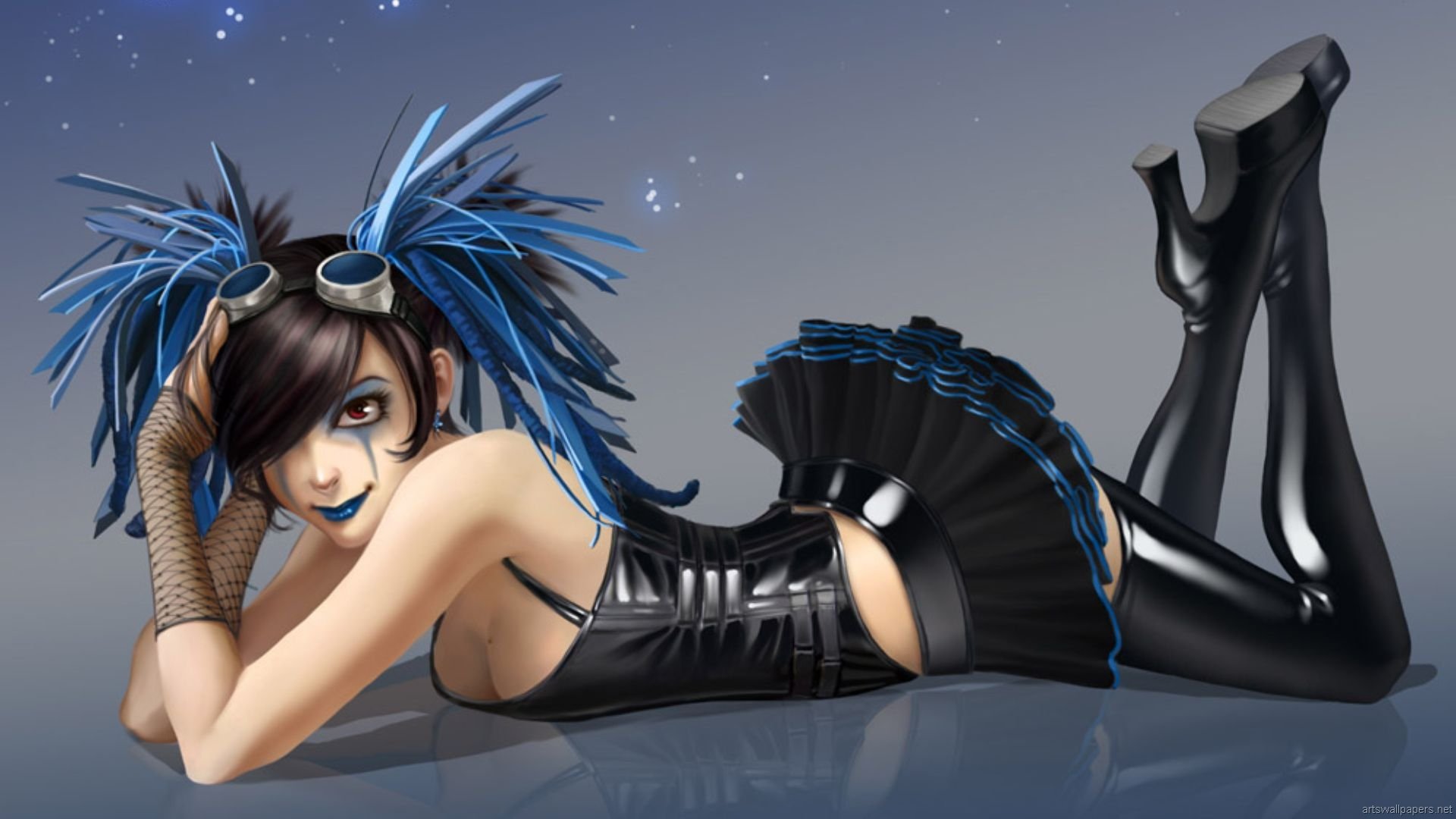 A fantasy artwork featuring a woman in a striking outfit with vibrant blue accents, striking a playful pose against a gradient background. This HD image serves as an engaging desktop wallpaper.