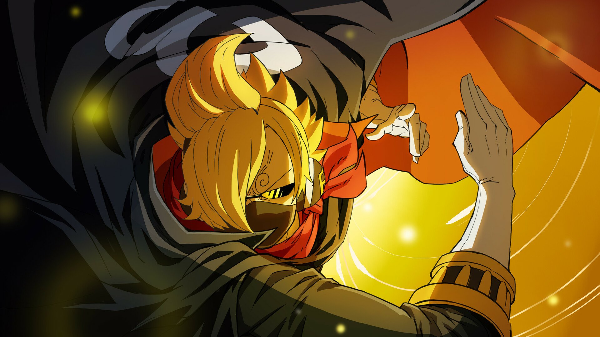 HD anime wallpaper featuring Sanji from One Piece in dynamic action pose with vibrant yellow and black tones, designed for PC desktop backgrounds.