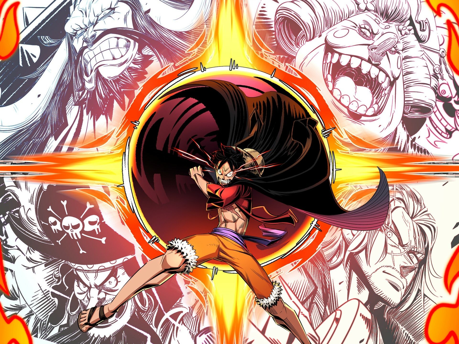 HD PC desktop wallpaper featuring Monkey D. Luffy from the anime One Piece, posed dynamically with vibrant colors and iconic character portraits in the background.