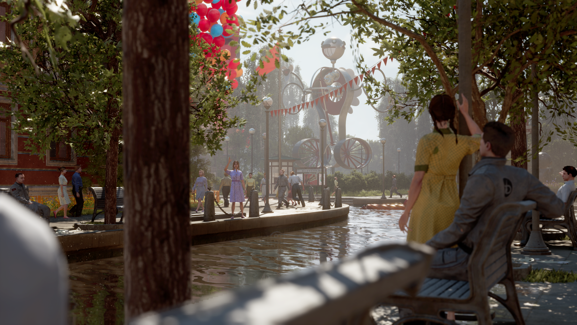 HD desktop wallpaper of Atomic Heart game showcasing a vibrant park scene with characters and futuristic elements.