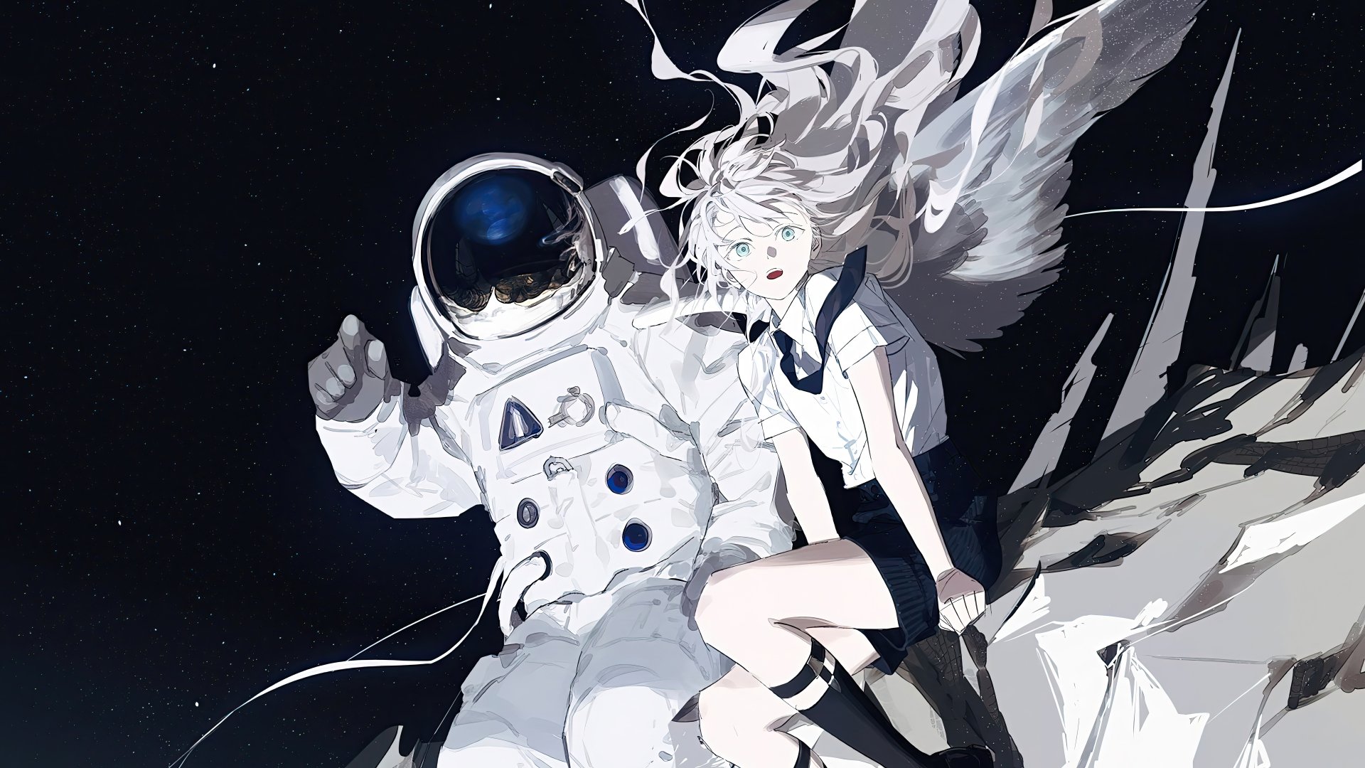 Anime girl in a school uniform sits beside an astronaut in a spacesuit on a rocky outcrop against star-filled space — 8K Ultra HD PC desktop wallpaper