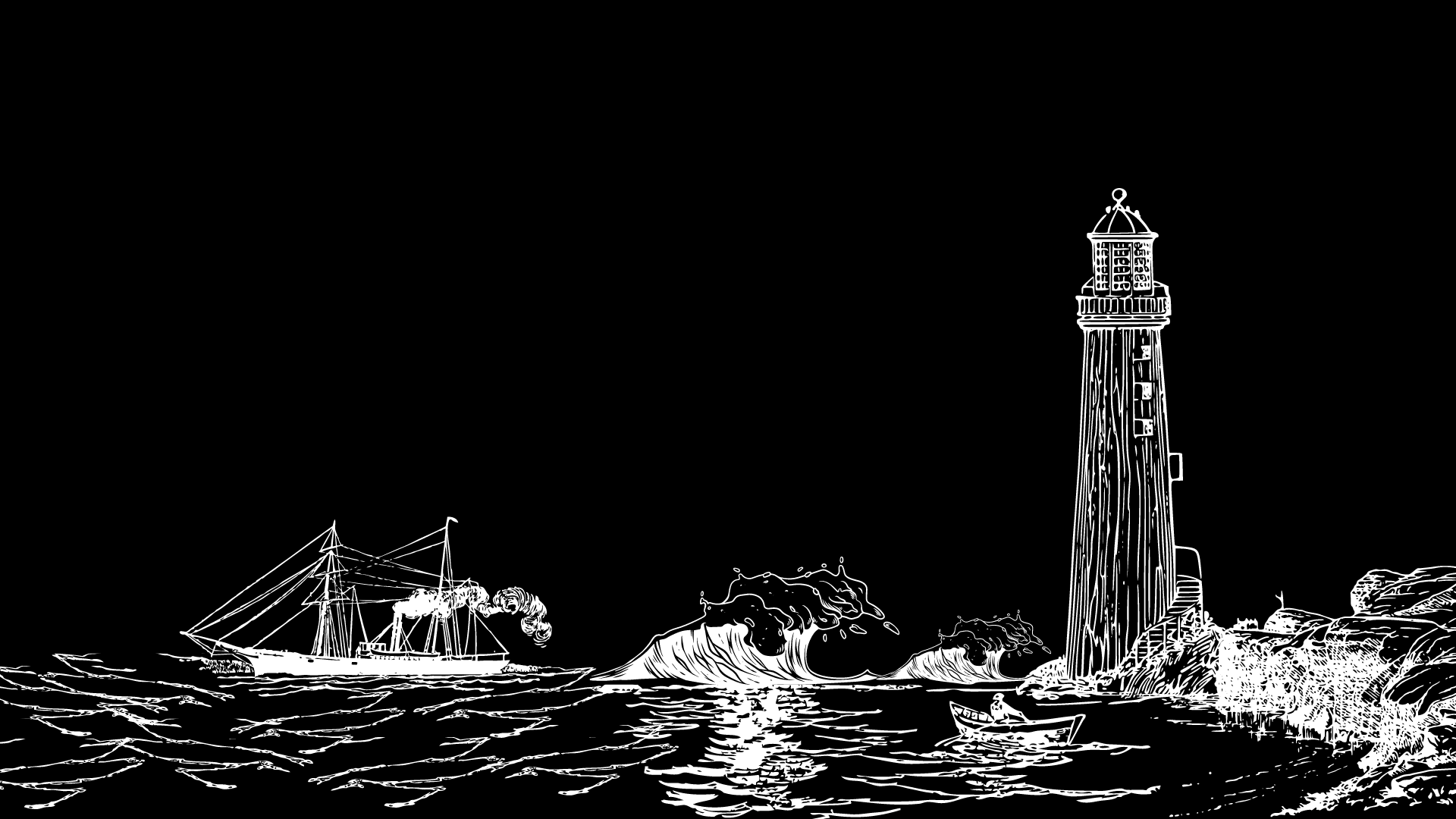 HD minimalist PC desktop wallpaper featuring a dark scene with a lighthouse, rough seas, and a steamship outlined in white against a black background.