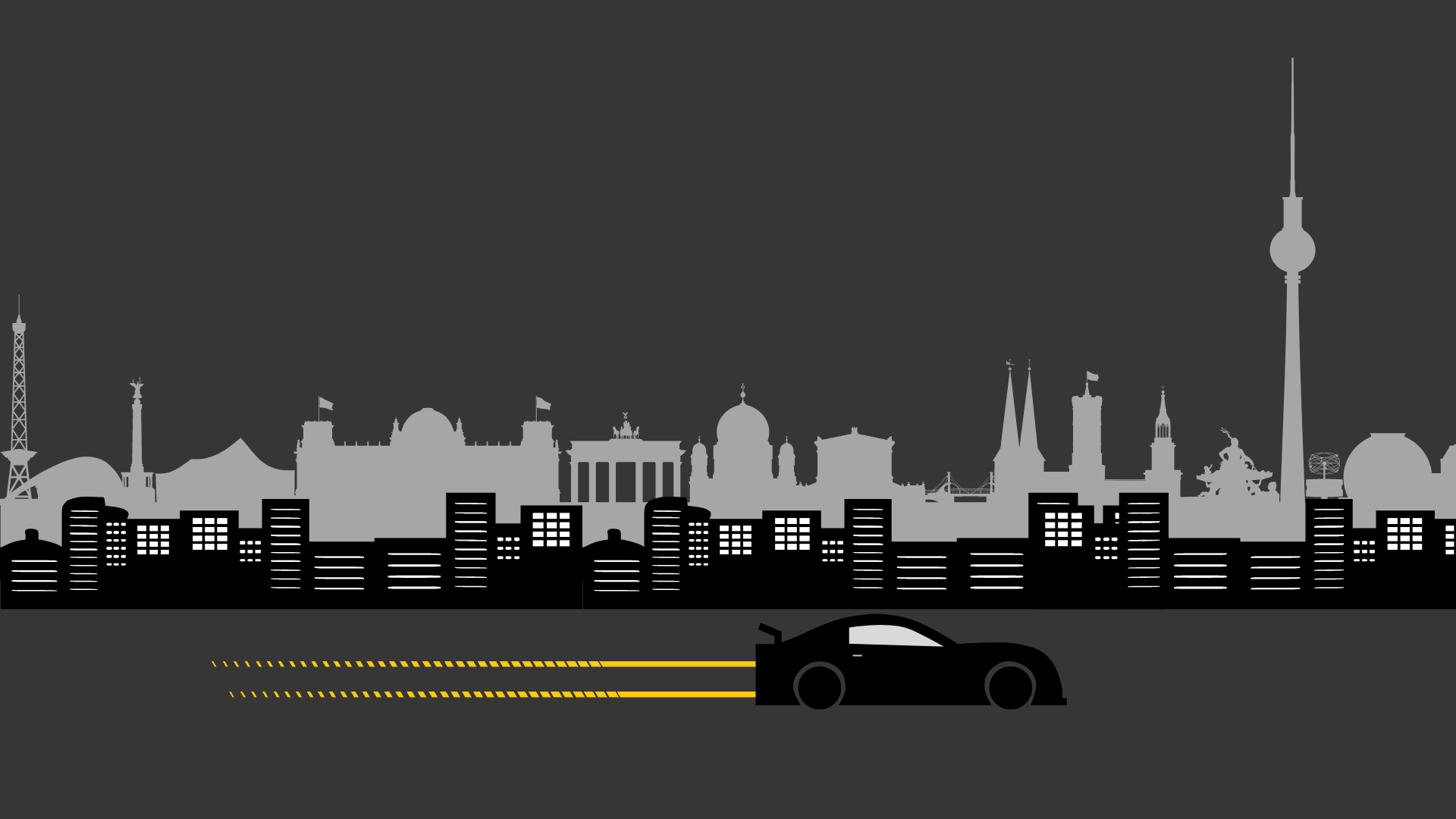 Abstract minimalist HD PC desktop wallpaper showing a gray city skyline silhouette above blocky buildings, a black sports car with yellow light trails in the foreground.