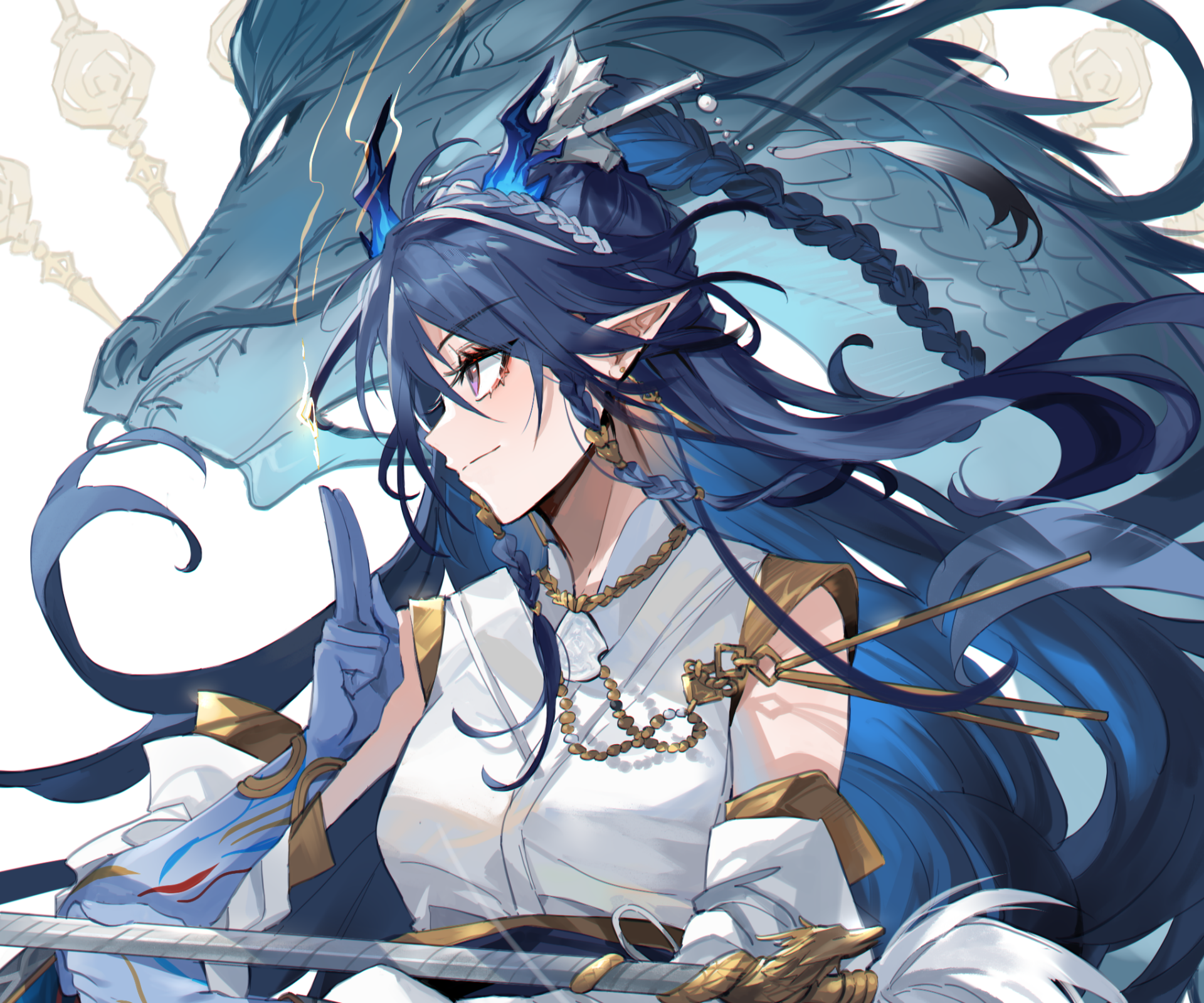 HD PC desktop wallpaper of Ling from the video game Arknights, featuring detailed artwork with flowing dark blue hair and intricate accessories against a light background.