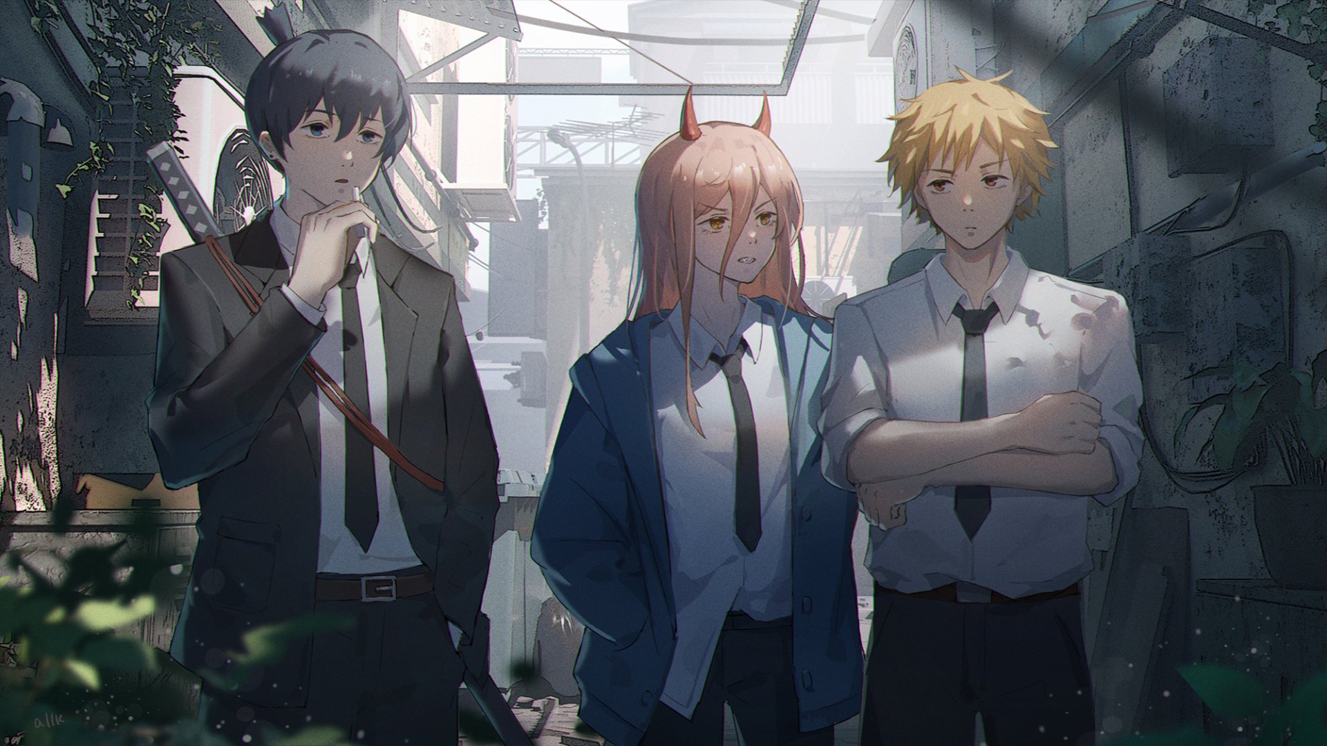 HD PC desktop wallpaper featuring Denji, Power, and Aki Hayakawa from the anime Chainsaw Man standing in an urban alleyway with dramatic lighting.