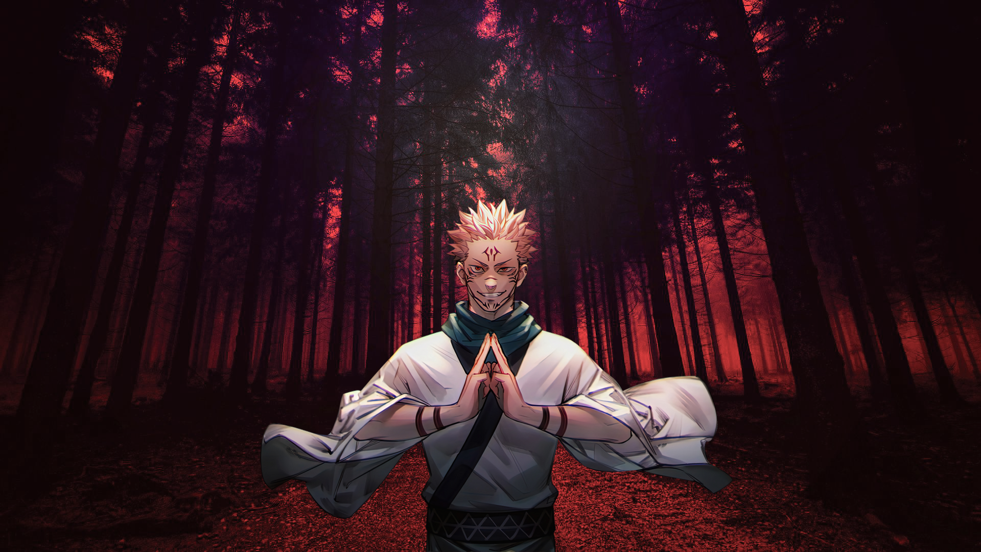 HD PC desktop wallpaper featuring Yuji Itadori with Sukuna's markings from the anime Jujutsu Kaisen, set against a dark, eerie red forest background.