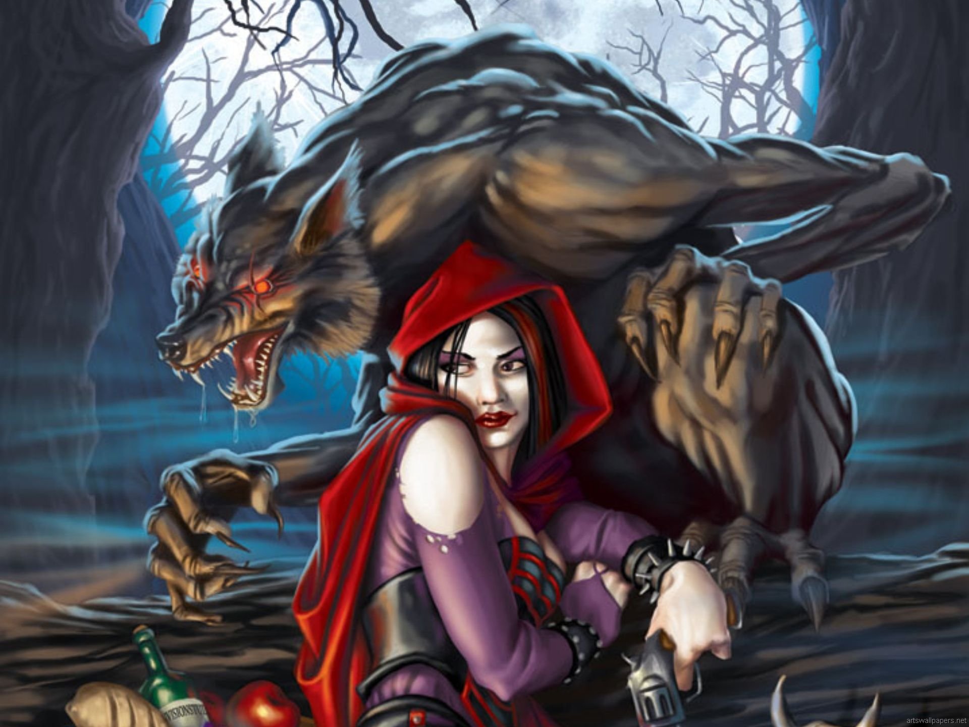 A captivating fantasy-themed HD desktop wallpaper featuring a fierce, dark take on Red Riding Hood, accompanied by a menacing wolf in an eerie forest setting.