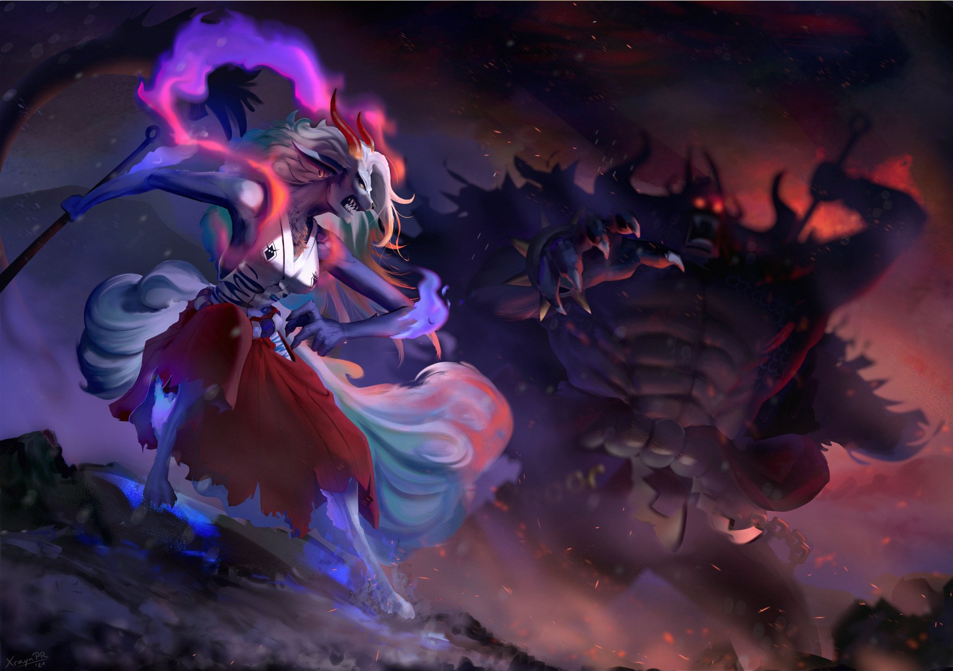 HD desktop wallpaper featuring One Piece characters Kaido and Yamato in a dynamic, dark, and fiery battle scene.