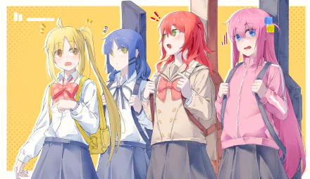 5K Ultra HD PC wallpaper of Bocchi the Rock! anime featuring Hitori Gotou, Ikuyo Kita, Ryou Yamada and Nijika Ijichi in school uniforms with backpacks against a warm background.