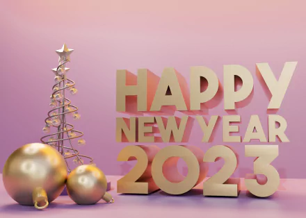 HD PC desktop wallpaper featuring gold Happy New Year 2023 text with festive ornaments and a stylized tree against a soft pink background for the holiday season.