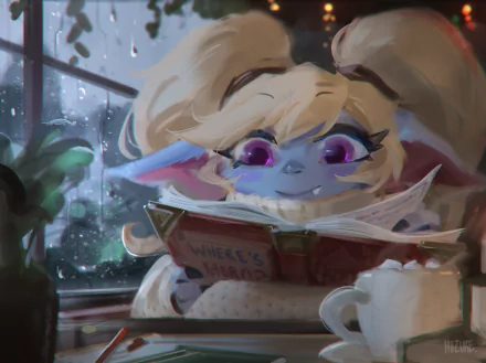 HD PC desktop wallpaper featuring Poppy from League of Legends, depicted reading a book by a rainy window in a cozy, soft-art style from the popular video game.