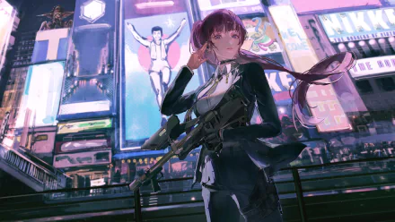 Dolla (NIKKE) from the video game NIKKE: Goddess of Victory, standing with rifle against a neon billboard cityscape — 5K Ultra HD PC desktop wallpaper/background.