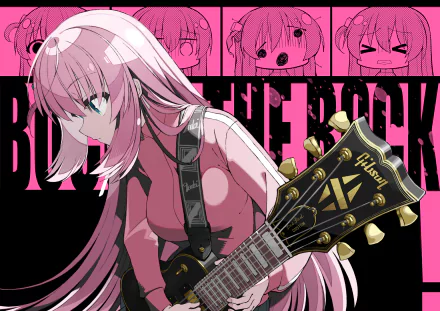 Hitori Gotou from Bocchi the Rock! features prominently in this HD anime wallpaper, showcasing her vibrant pink hair and guitar against a bold backdrop.