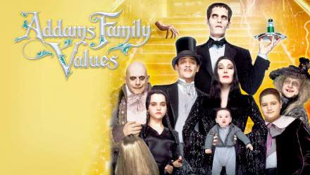HD PC desktop wallpaper featuring the main characters from the movie Addams Family Values against a yellow background with the movie title logo.