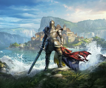 HD PC desktop wallpaper featuring a knight in armor overlooking a coastal castle, from the video game The Elder Scrolls Online: High Isle.