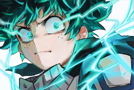 Izuku Midoriya from My Hero Academia charges with energy, featuring vibrant colors and dynamic lightning effects in this striking 4K Ultra HD desktop wallpaper.