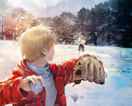 Denji from Chainsaw Man in a snowy forest scene, captured in vibrant anime style as an HD PC desktop wallpaper background.