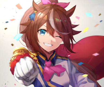 2K Quad HD PC desktop wallpaper of Tokai Teio from the anime Uma Musume: Pretty Derby — winking, smiling, gloved fist forward, wearing a red cape with confetti.