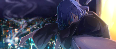 Ryou Yamada from Bocchi the Rock! with blue hair, overlooking a cityscape at night, in a detailed HD anime desktop wallpaper.