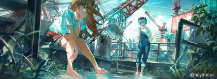 HD anime desktop wallpaper featuring Rei Ayanami and Asuka Langley Sohryu from Neon Genesis Evangelion standing on a rooftop with industrial cranes in the background.