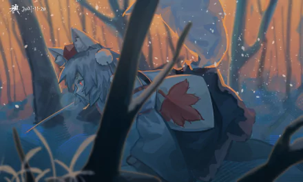Anime Touhou HD PC desktop wallpaper/background: pale-haired figure crouches among snow-dusted trees at dusk, blue and orange light, drifting embers and an ethereal, moody atmosphere.