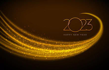 Holiday New Year 2023 5K Ultra HD PC wallpaper: golden sparkling swoosh across a dark background with stylized 2023 and Happy New Year text.