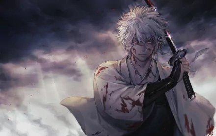 HD anime desktop wallpaper featuring Gintoki Sakata from Gintama, wielding a blood-stained sword with a dark, stormy sky backdrop.