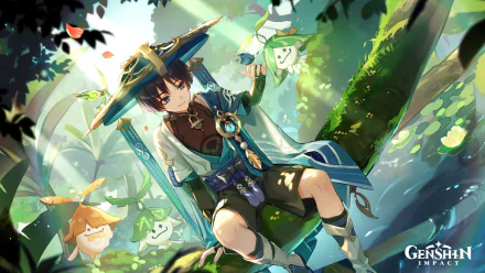 Scaramouche from Genshin Impact relaxes on a tree branch surrounded by Aranara in a vibrant forest setting, captured in high-definition for a stunning desktop wallpaper.