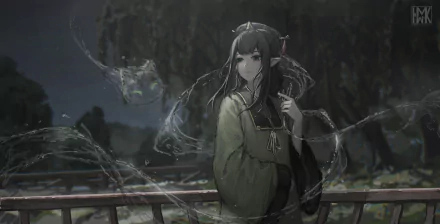 HD anime desktop wallpaper featuring a serene anime girl standing at night with ethereal, glowing elements surrounding her in a dark, mystical outdoor setting.