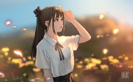 HD anime desktop wallpaper featuring a thoughtful anime girl with long dark hair tied in a bow, set against a softly glowing floral background.