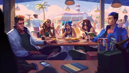 4K Ultra HD Valorant desktop wallpaper featuring Yoru, Killjoy, Neon, Raze, and Phoenix gathered around a table with a vibrant, colorful background.