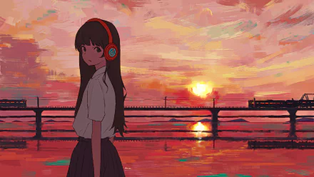 Anime girl with long dark hair and headphones stands by a bridge at sunset, rendered in 4K Ultra HD PC desktop wallpaper quality.