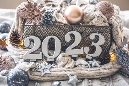 Cozy holiday scene with knitted fabric, ornaments, pinecones, and wooden numbers forming 2023, designed as a 4K Ultra HD New Year 2023 PC desktop wallpaper.