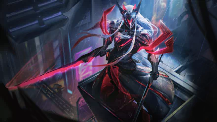Yone from League of Legends, depicted in a dynamic, high-definition PC desktop wallpaper with glowing red and purple energy effects.